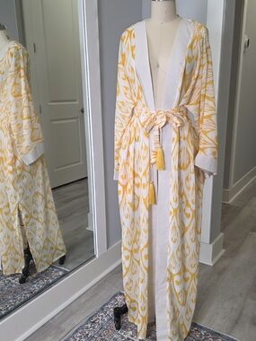 Yellow and White Ikat Chiffon Kimono Robe with Tassel Belt